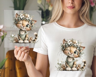Floral Kitten Wink DTF Transfer: Whimsical Cat Floral Artwork
