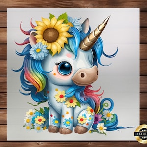 Cute Unicorn Floral DTF Transfer, Enchanting Meadow Adventure for Kids&#39; Wear, T-Shirts, Bags, Accessories, Easy-to-Apply, Dreamy Fantasy Art