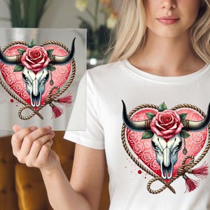 Bull Skull & Roses DTF Transfer: Valentine&#39;s Apparel Iron-On