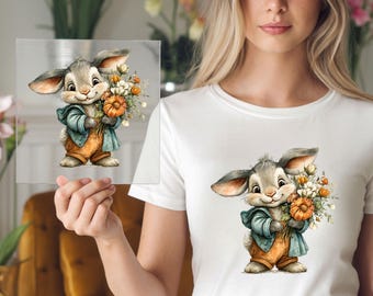Floral Bunny Rabbit DTF Transfer: Easter Bunny Holding Bouquet Artwork