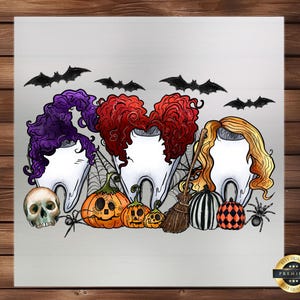 May include: Halloween-themed tooth design with three witches' hair, pumpkins, bats, and a broom. The teeth are white and the witches' hair is purple, red, and blonde. The pumpkins are orange and the bats are black.