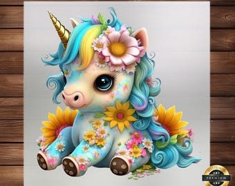 May include: A blue and yellow unicorn with a flower crown and a golden horn. The unicorn is covered in colorful flowers and is sitting on a white background.