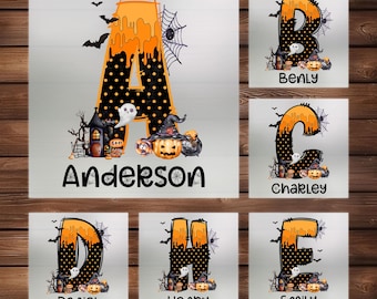 May include: Five Halloween-themed personalized alphabet blocks with orange, black, and white colors. Each block features a different letter, a ghost, a pumpkin, and a spider web. The letters are A, B, C, D, and E. The names Anderson, Benly, Charley, Daniel, and Henky are printed below each block.