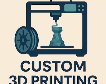 May include: A teal and navy blue graphic of a 3D printer with a spool of filament and a printed object. The words "CUSTOM 3D PRINTING" are displayed in bold, navy blue text below the printer.