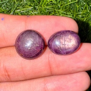 May include: Two polished, oval-shaped, deep purple gemstones. The stones have a smooth, reflective surface with subtle internal patterns. The gemstones are held in a person's hand against a background of green grass.