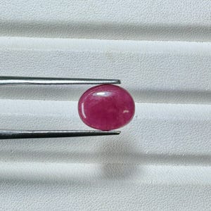 May include: A polished, oval-shaped, ruby gemstone held by tweezers. The gemstone is a deep, saturated red color with a smooth, reflective surface. The tweezers are silver-colored and the background is white.