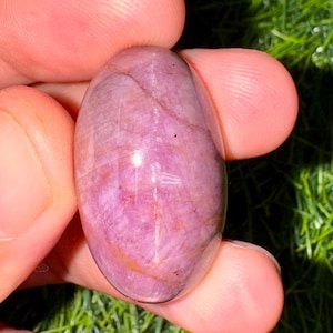 以下が含まれることがあります： ピンクと紫の色合いの、磨かれた楕円形の宝石。 石は滑らかな表面で、自然な縞模様と微妙な光沢があります。 宝石は、緑の草を背景に指の間に保持されています。