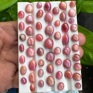 以下が含まれることがあります： 様々な形とサイズのピンクと赤の宝石のコレクション。白い表面に展示されています。宝石は研磨された反射面を持ち、色と透明度にバリエーションがあります。配置は石の自然な美しさを際立たせています。