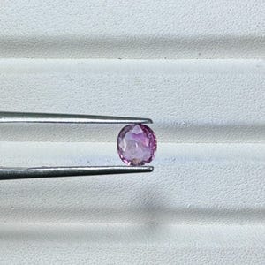 May include: A faceted, oval-shaped, pink gemstone is held by a pair of silver tweezers. The gem has a range of pink hues, from light to deep, and is set against a white background. The tweezers are positioned horizontally.
