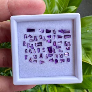 Puede incluir: Una caja cuadrada blanca llena de numerosas piedras preciosas de amatista pequeñas, rectangulares y trapezoidales. Las piedras preciosas son de color púrpura oscuro y varían en tamaño. La caja está sostenida por una mano, con follaje verde en el fondo.