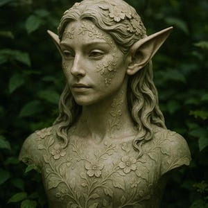 Puede incluir: Busto de piedra de una mujer con orejas puntiagudas, adornado con motivos florales en la cara, el cuello y el pecho. Su cabello está peinado con flores. La escultura es de color verde apagado, sobre un fondo de follaje verde.