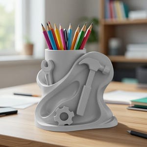 Peut inclure: Un pot à crayons gris avec un design de clé, de marteau et d'engrenage. Le pot contient des crayons de couleur. Le pot à crayons est posé sur un bureau en bois.