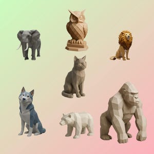 Pack of 7 low poly animals – Cat, Bear, Owl, Gorilla, Elephant, Wolf and Lion – STL files for 3D printing – Modern minimalist decoration