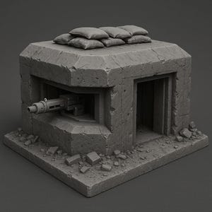 Peut inclure: Un modèle miniature de bunker en béton gris avec une mitrailleuse sortant d'une meurtrière. Le bunker a un toit plat avec des sacs de sable et une porte. Des débris sont éparpillés autour de la base, suggérant un thème de guerre.