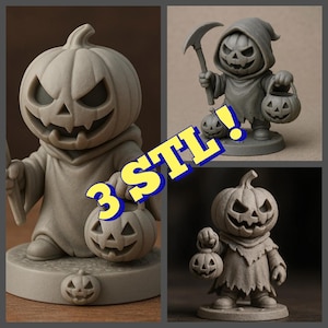 Op de afbeelding: Een samengestelde afbeelding van drie grijze Halloween-figuren. Elke figuur heeft een gesneden pompoenhoofd en draagt een capuchon. Eén figuur houdt een zeis en een jack-o'-lantern-emmer vast. De tekst "3 STL!" staat over de afbeelding.