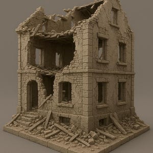 Op de afbeelding: Gedetailleerd model van een verwoest gebouw, met een structuur van twee verdiepingen met aanzienlijke schade. De beige stenen gevel brokkelt af, met ontbrekende muren, dakdelen en puin. Ramen zijn leeg.