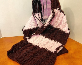 Rose and Claret Striped Hand Knitted Scarf