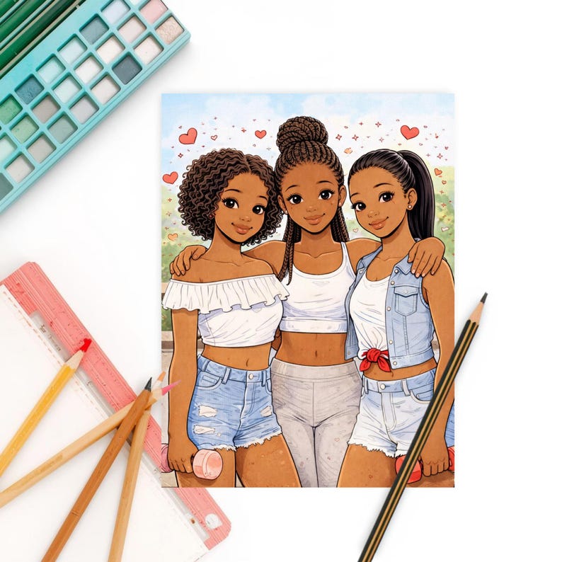 May include: Illustration of three young women with dark skin, each with different hairstyles, wearing casual outfits. The image has a light background with hearts and stars. The women are embracing each other, creating a sense of friendship and togetherness.