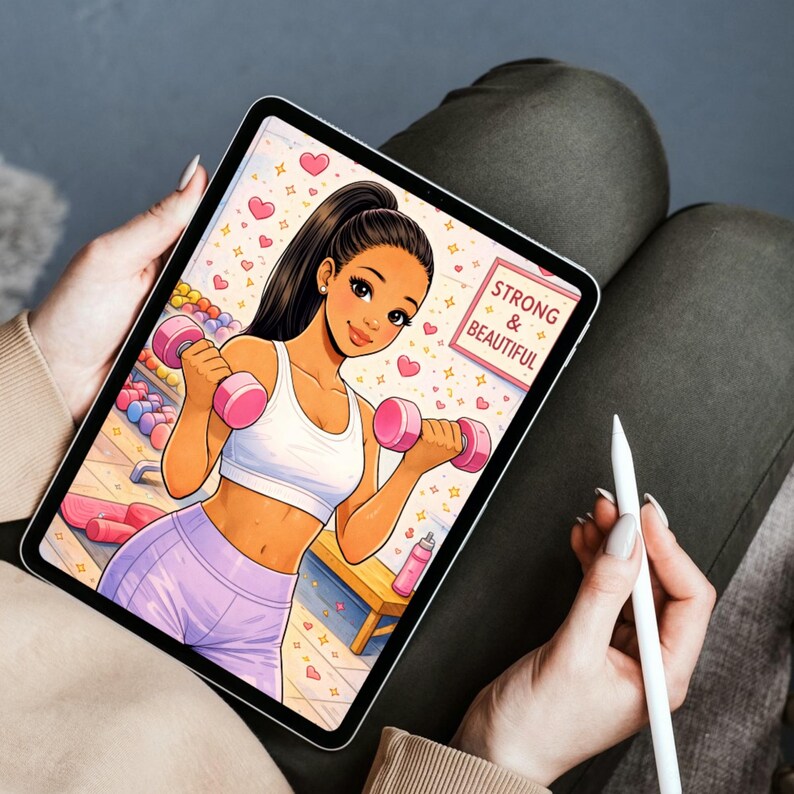 May include: Digital illustration on a tablet featuring a woman lifting pink dumbbells in a gym setting. The image includes the text "STRONG & BEAUTIFUL" and pink hearts. The woman is wearing a white sports bra and lavender leggings.
