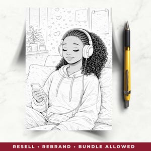 May include: Black and white illustration of a person wearing headphones and holding a smartphone. The person is sitting on a couch, with hearts and other decorations in the background. A yellow pen is on the right side of the image. The words "RESELL &bull; REBRAND &bull; BUNDLE ALLOWED" are at the bottom.