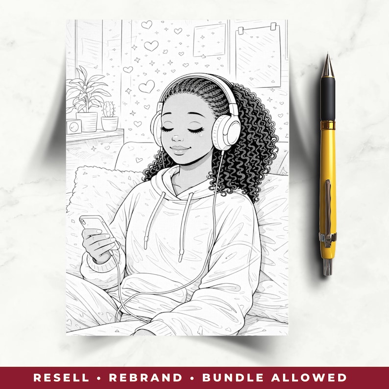 May include: Black and white illustration of a person wearing headphones and holding a smartphone. The person is sitting on a couch, with hearts and other decorations in the background. A yellow pen is on the right side of the image. The words "RESELL &bull; REBRAND &bull; BUNDLE ALLOWED" are at the bottom.