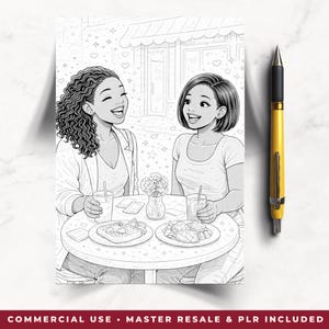 May include: Black and white illustration of two women at a cafe table, smiling and enjoying a meal. The table has food, drinks, and a small vase of flowers. A yellow pen is on the right side of the image. Text at the bottom reads: COMMERCIAL USE &bull; MASTER RESALE & PLR INCLUDED.