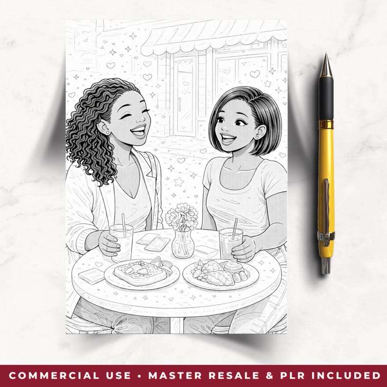 May include: Black and white illustration of two women at a cafe table, smiling and enjoying a meal. The table has food, drinks, and a small vase of flowers. A yellow pen is on the right side of the image. Text at the bottom reads: COMMERCIAL USE &bull; MASTER RESALE & PLR INCLUDED.