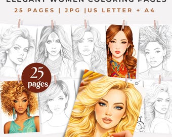 Elegante Frauen Malseiten, Fashion Portrait Line Art, Glam Illustration Set für Erwachsene