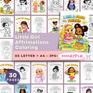 Positive Affirmations Digital Product, Kids Inspirational Coloring Pages For Little Girls' Self-Confidence