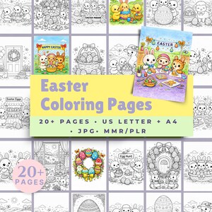 Easter Coloring Pages | Bunnies, Chicks, Eggs (JPG Printable, Commercial Use)