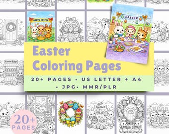 Easter Coloring Pages | Bunnies, Chicks, Eggs (JPG Printable, Commercial Use)