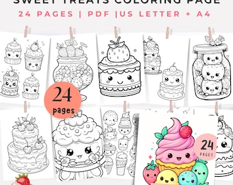 Sweet Treats Coloring Pages, 24 Kawaii Dessert Designs (PDF)