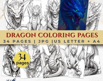 Dibujos de dragones para colorear imprimibles, arte de dragones de fantasía para adultos, conjunto de ilustraciones de criaturas míticas