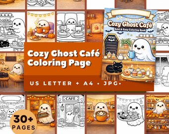 Gemütliches Geister Café Ausmalbilder, Halloween Buch, printable Art (US Letter, A4, JPG)