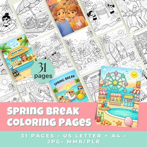Spring Break Coloring Pages for Kids | Beach Days, Vacation, Travel (Printable JPG, Commercial Use)
