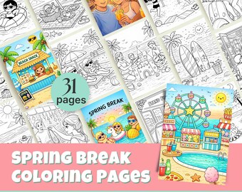 Spring Break Coloring Pages for Kids | Beach Days, Vacation, Travel (Printable JPG, Commercial Use)