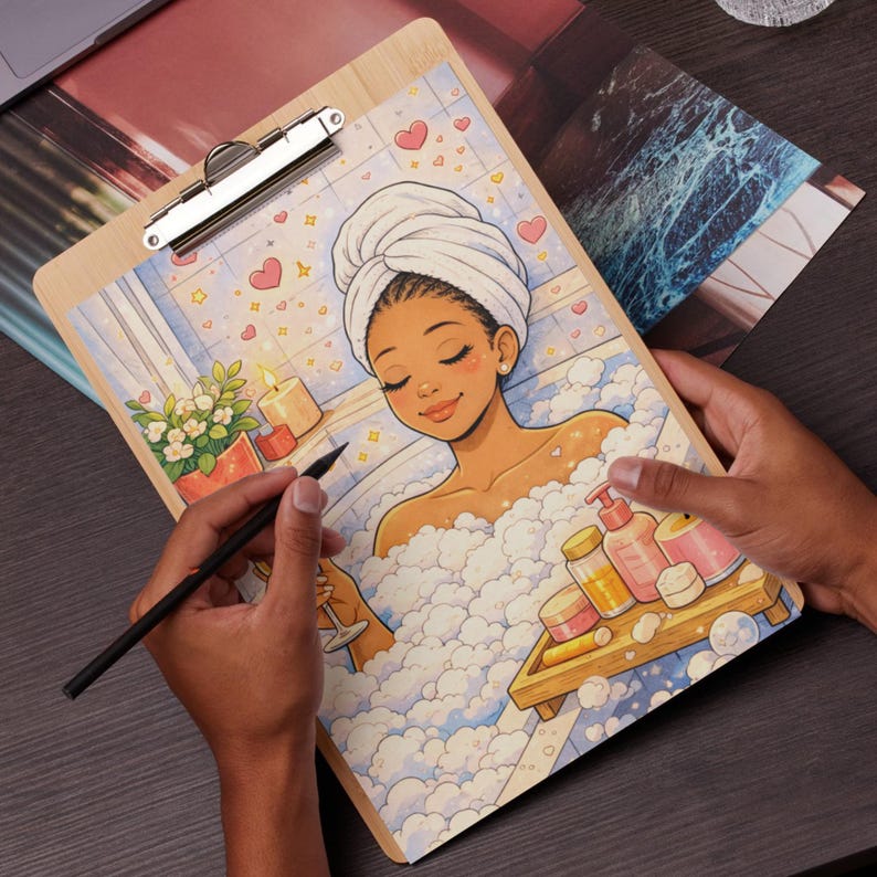 May include: A wooden clipboard with a colorful illustration of a person relaxing in a bubble bath. The artwork features a woman with a towel on her head, surrounded by bubbles, candles, and bath products. The clipboard has a silver clip at the top.