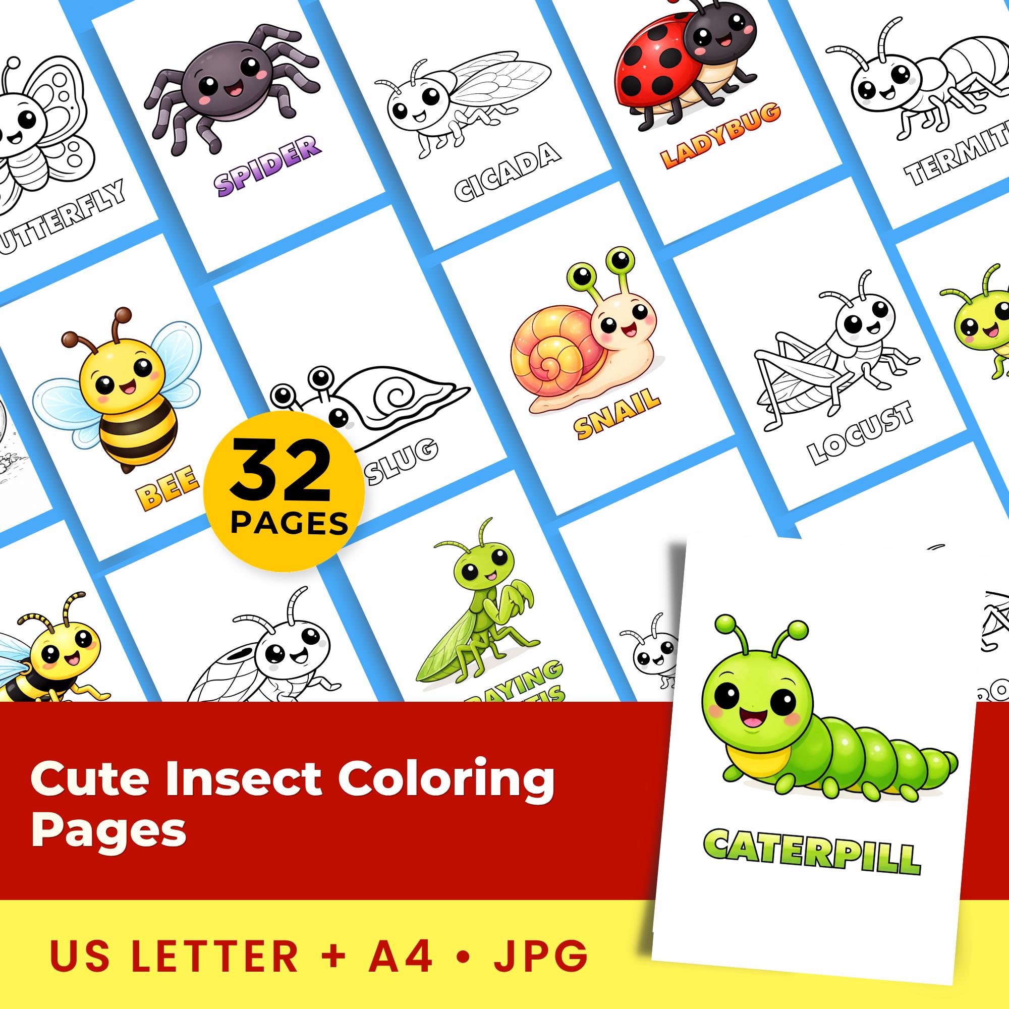 32 Insect Coloring Pages for Kids | Printable JPG (US Letter, A4) - Etsy