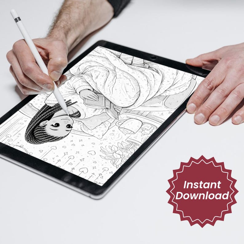 May include: A black tablet displaying a black and white illustration of a person in a cozy setting, holding a book and a mug. A hand with a stylus is drawing on the tablet. A burgundy sticker with the words "Instant Download" is in the corner.