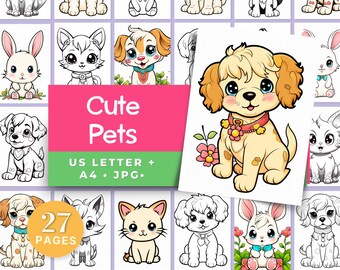 Kawaii-Haustier-Malvorlagen, Hund, Katze, Kaninchen, Waldtiere (Digitaler Download)