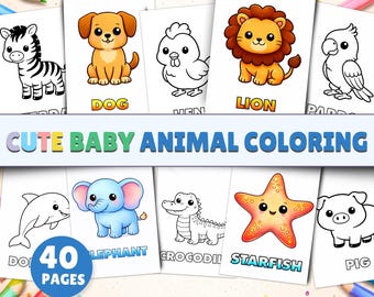 Baby Ausmalbilder Tiere | 40 Kawaii Kleinkind Designs (Digitaler Download)