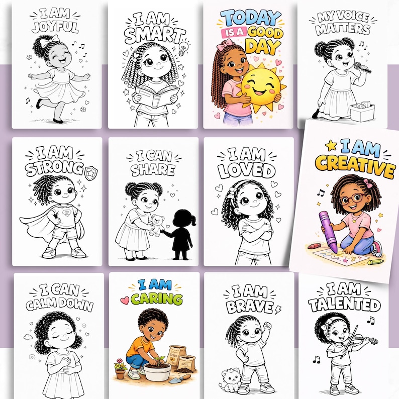 Kids Positive Affirmation Coloring Pages | Little Black Girl Self ...