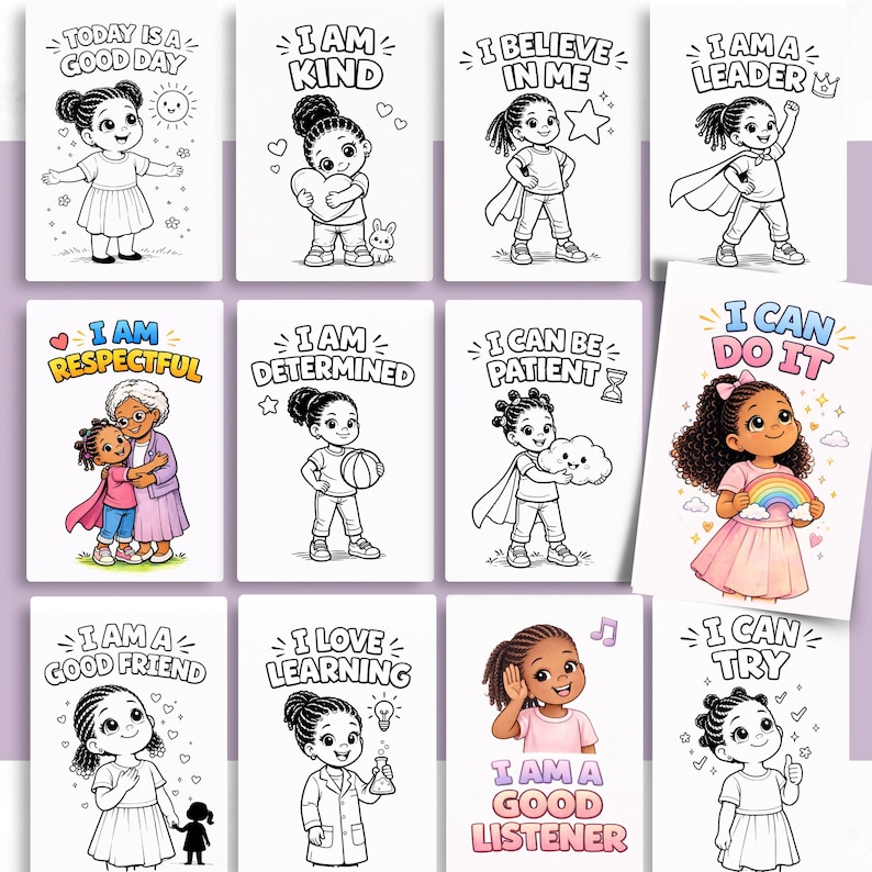 Kids Positive Affirmation Coloring Pages | Little Black Girl Self ...
