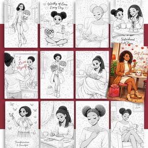 May include: A collection of black and white illustrations featuring women in various settings. The images depict scenes of self-care, reading, and enjoying coffee. Some illustrations include text such as "Worthy of Love Every Day" and "Self Love Cafe".