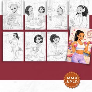 May include: A collection of coloring book pages featuring illustrations of women in various settings. Scenes include women holding flowers, enjoying coffee, relaxing in a bath, and working out with dumbbells. The pages are black and white line drawings.
