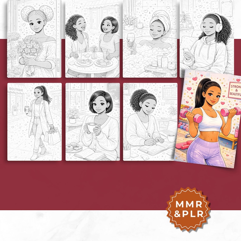 May include: A collection of coloring book pages featuring illustrations of women in various settings. Scenes include women holding flowers, enjoying coffee, relaxing in a bath, and working out with dumbbells. The pages are black and white line drawings.