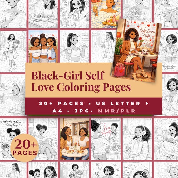 Black Girl Self Love Coloring Pages | 20+ JPG Pages | PLR & Editable Canva