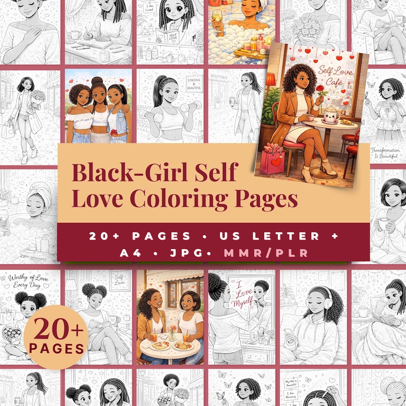 Mindfulness Canva Templates | Black Girl Self Love Coloring Pages | 20+ Artworks for Therapy image 1