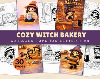 Halloween Aktivitäts-Set zum Ausdrucken mit gemütlichen Hexen-Bäckerei Malseiten für kreativen Spaß