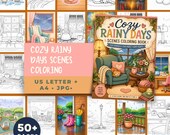 Cozy Rainy Days Coloring Book, Printable Adult Scenes, 50+ Pages (US Letter, A4 JPG)